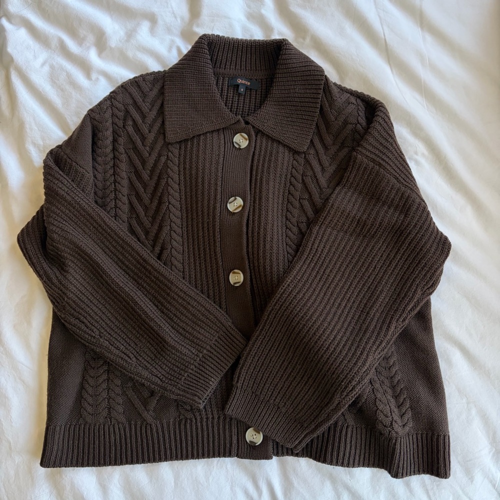 Quince Dark Brown Cable Knit Cardigan